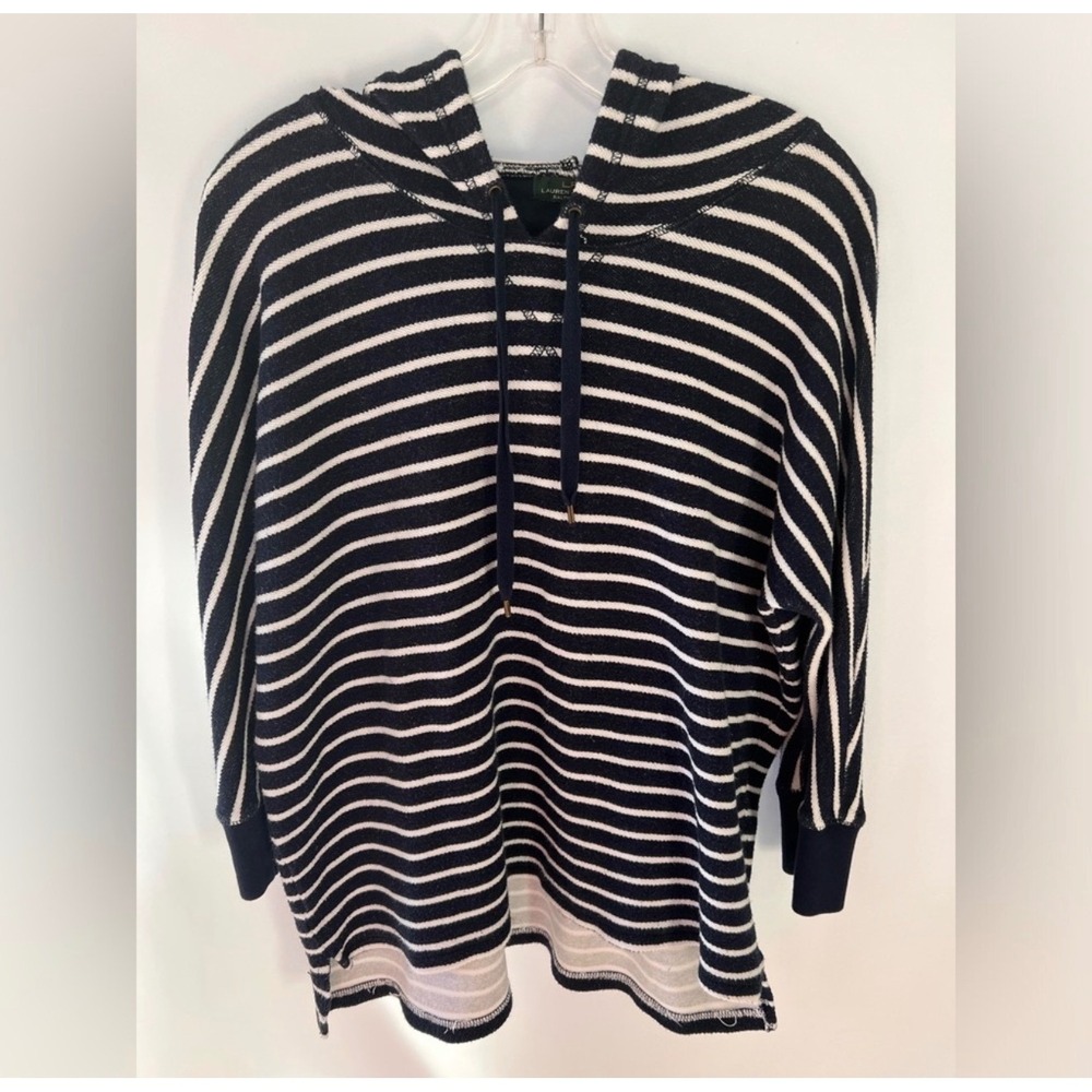 Lauren Ralph Lauren Womens Nautical Striped Hoodie Sweatshirt Blue White XL